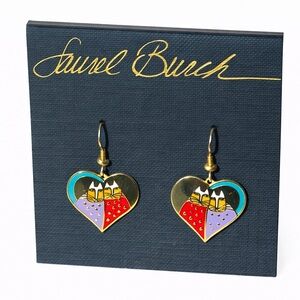 Laurel Burch Heart Cat Dangle Earrings – Signed Enamel on Original Card
